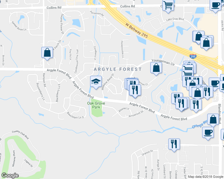 map of restaurants, bars, coffee shops, grocery stores, and more near 6720 Newgate Circle West in Jacksonville
