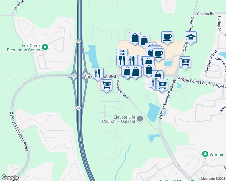 map of restaurants, bars, coffee shops, grocery stores, and more near 8380 Merchants Way in Jacksonville