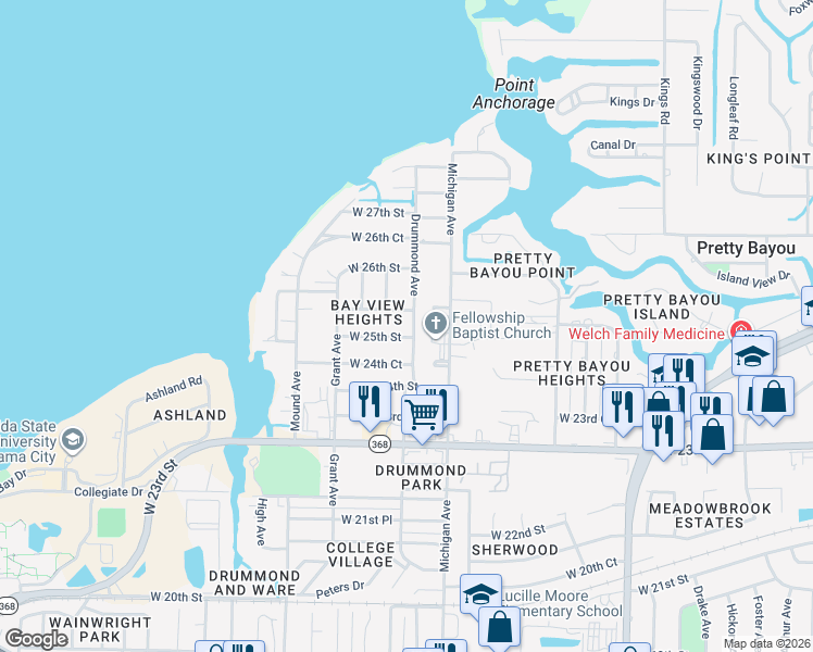map of restaurants, bars, coffee shops, grocery stores, and more near 2503 Drummond Avenue in Panama City