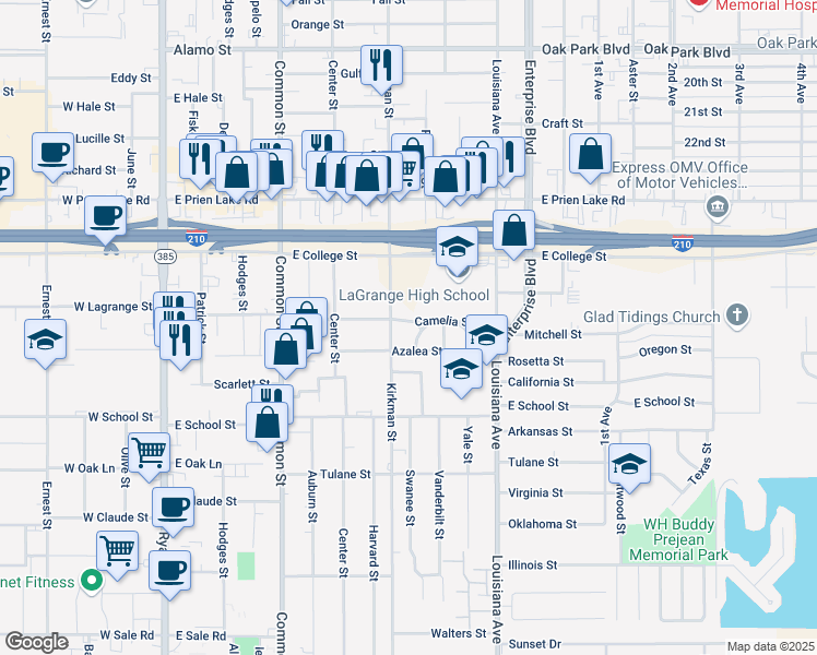 map of restaurants, bars, coffee shops, grocery stores, and more near 3507 Crescent Street in Lake Charles