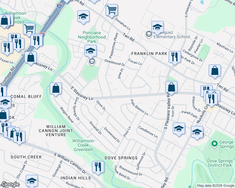 map of restaurants, bars, coffee shops, grocery stores, and more near 2321 East Stassney Lane in Austin