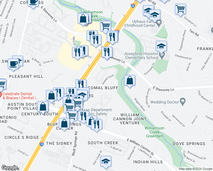 map of restaurants, bars, coffee shops, grocery stores, and more near 6201 Sneed Cove in Austin