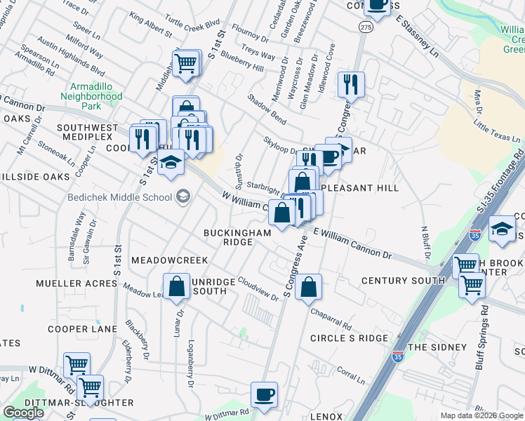 map of restaurants, bars, coffee shops, grocery stores, and more near 6712 Skynook Drive in Austin