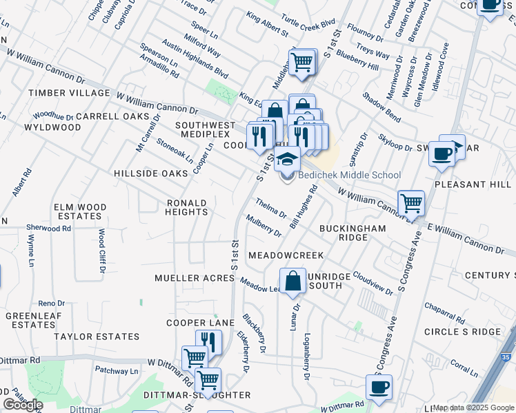 map of restaurants, bars, coffee shops, grocery stores, and more near 602 Mulberry Drive in Austin