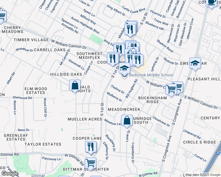 map of restaurants, bars, coffee shops, grocery stores, and more near 602 Mulberry Drive in Austin