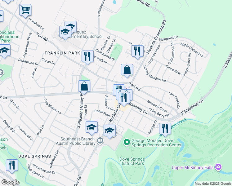 map of restaurants, bars, coffee shops, grocery stores, and more near 5204 Acorn Cove in Austin