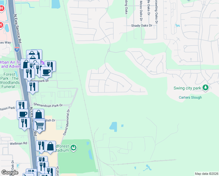 map of restaurants, bars, coffee shops, grocery stores, and more near 8787 Shenandoah Park Drive in Shenandoah