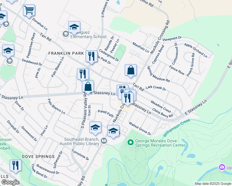 map of restaurants, bars, coffee shops, grocery stores, and more near 5012 East Stassney Lane in Austin
