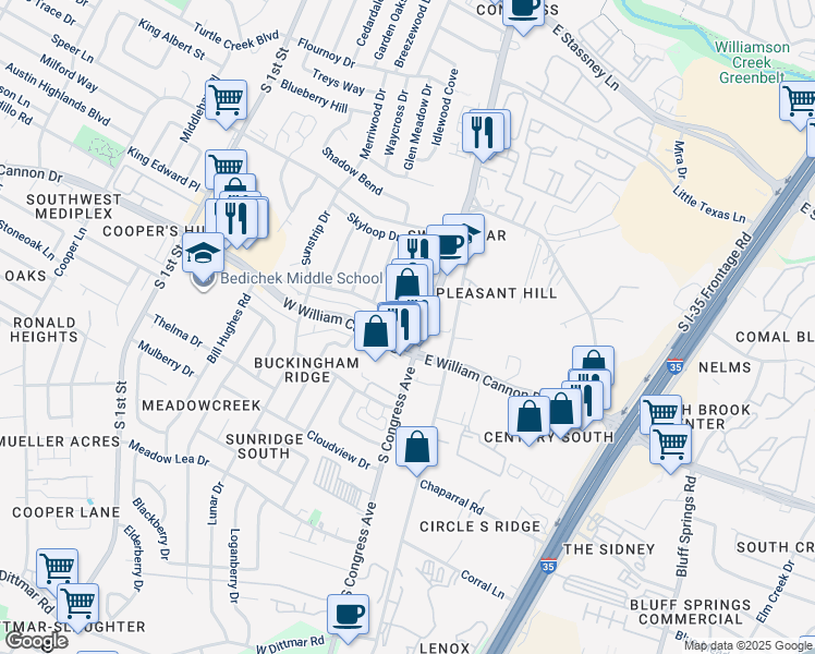 map of restaurants, bars, coffee shops, grocery stores, and more near 6702 South Congress Avenue in Austin