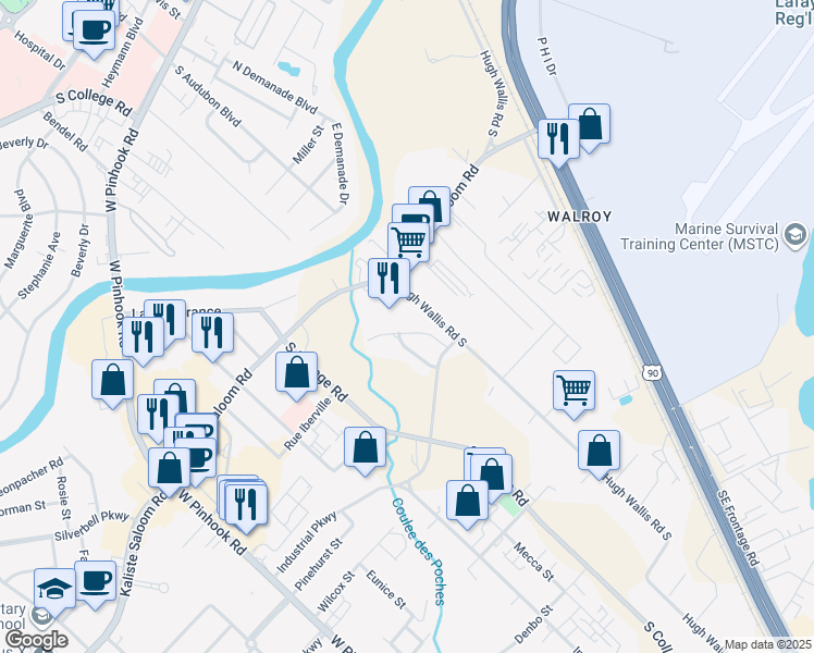 map of restaurants, bars, coffee shops, grocery stores, and more near 114 Oak Branch in Lafayette