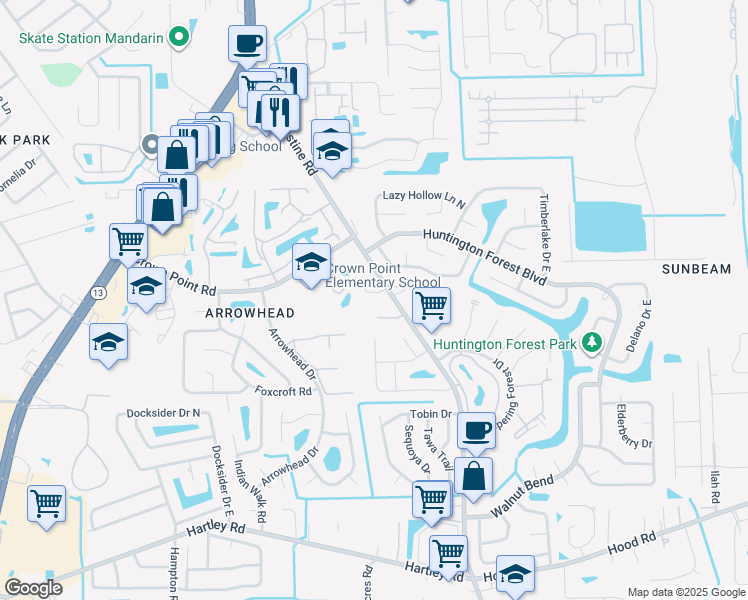 map of restaurants, bars, coffee shops, grocery stores, and more near 10050 Old Saint Augustine Road in Jacksonville