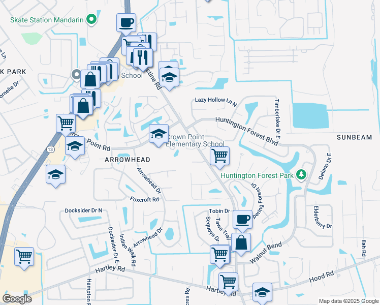 map of restaurants, bars, coffee shops, grocery stores, and more near 4000 Augustine Green Court in Jacksonville