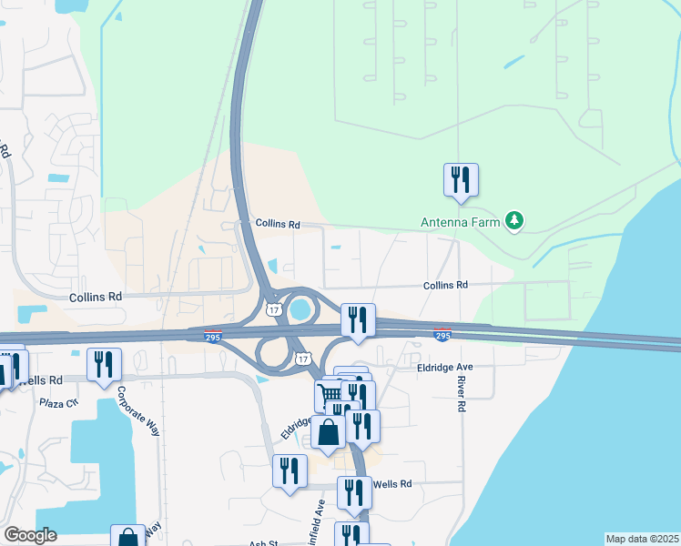 map of restaurants, bars, coffee shops, grocery stores, and more near 4387 Collins Road in Orange Park