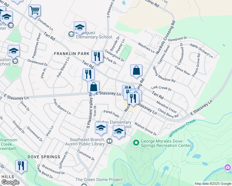 map of restaurants, bars, coffee shops, grocery stores, and more near 5302 Atascosa Drive in Austin