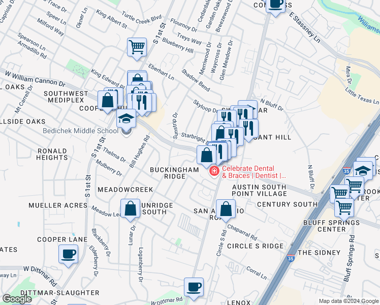 map of restaurants, bars, coffee shops, grocery stores, and more near 6712 Skynook Drive in Austin