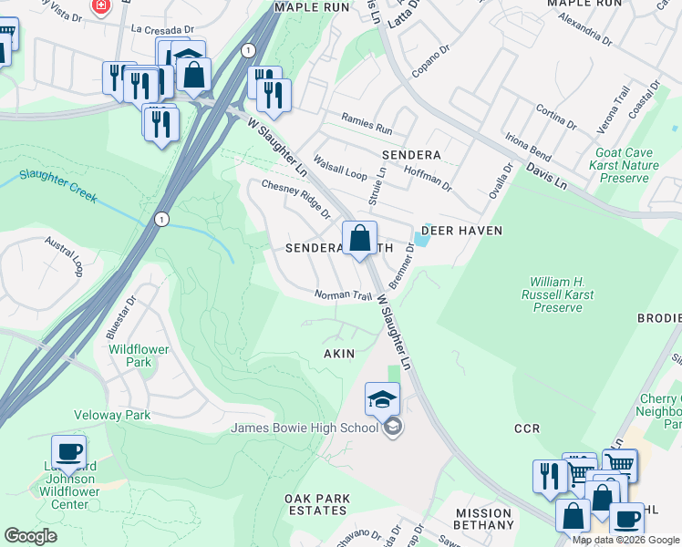 map of restaurants, bars, coffee shops, grocery stores, and more near 4409 Chickasaw Court in Austin