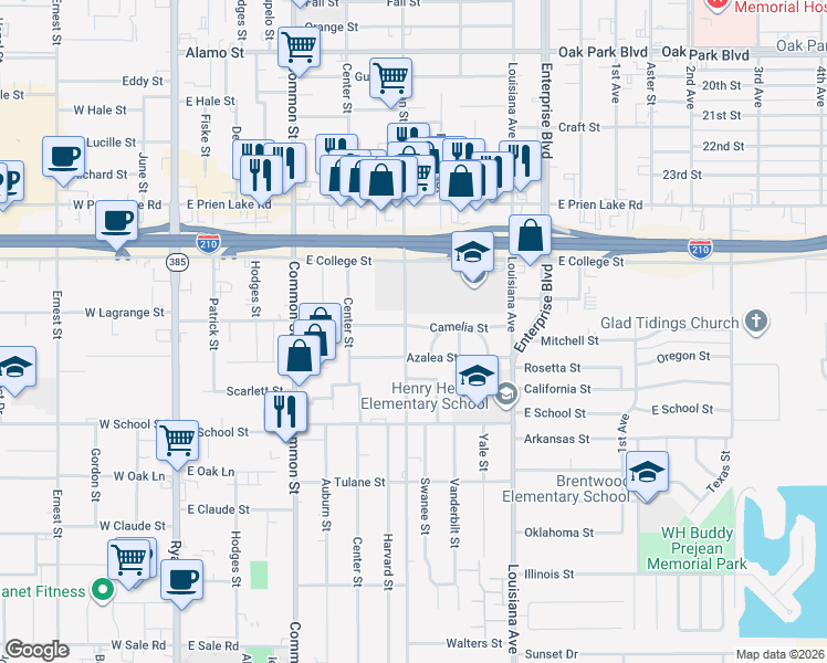 map of restaurants, bars, coffee shops, grocery stores, and more near 3512 Kirkman Street in Lake Charles