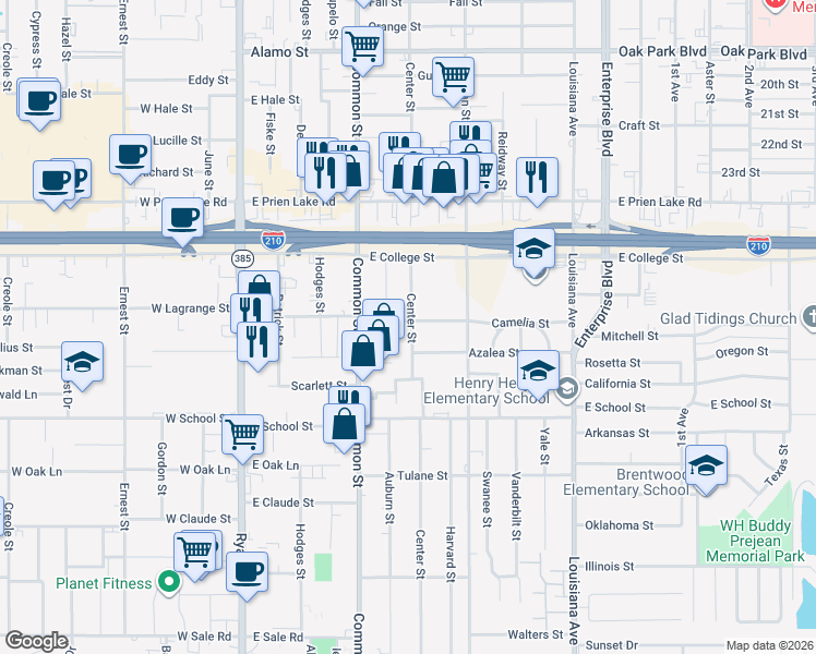 map of restaurants, bars, coffee shops, grocery stores, and more near 3504 Center Street in Lake Charles
