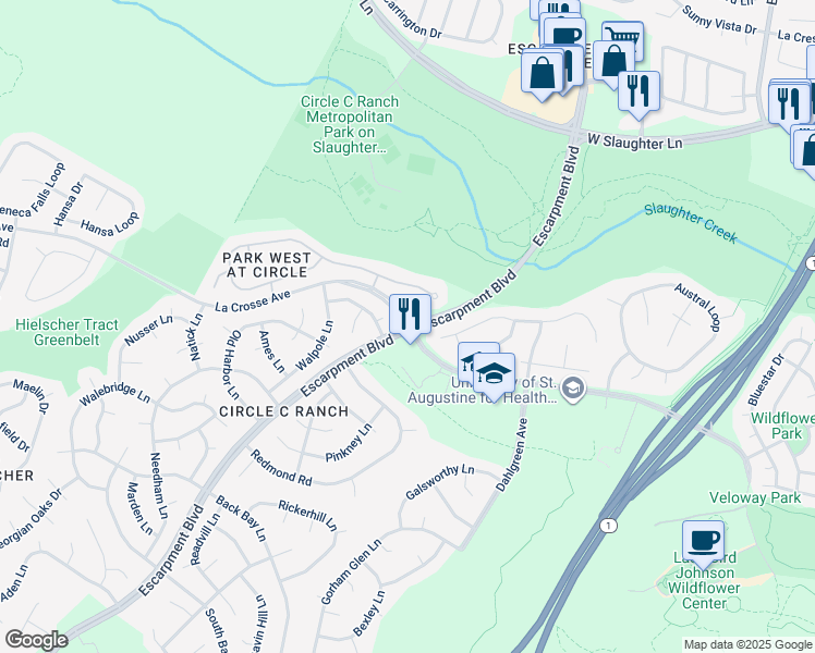 map of restaurants, bars, coffee shops, grocery stores, and more near Escarpment Boulevard in Austin