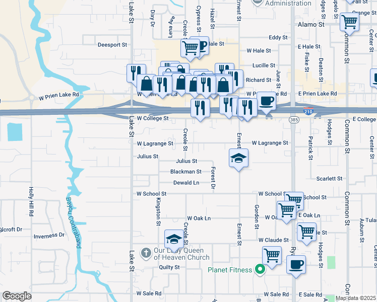 map of restaurants, bars, coffee shops, grocery stores, and more near 3517 Creole Street in Lake Charles
