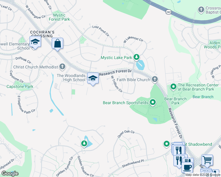 map of restaurants, bars, coffee shops, grocery stores, and more near 23 Hawkseye Place in Spring