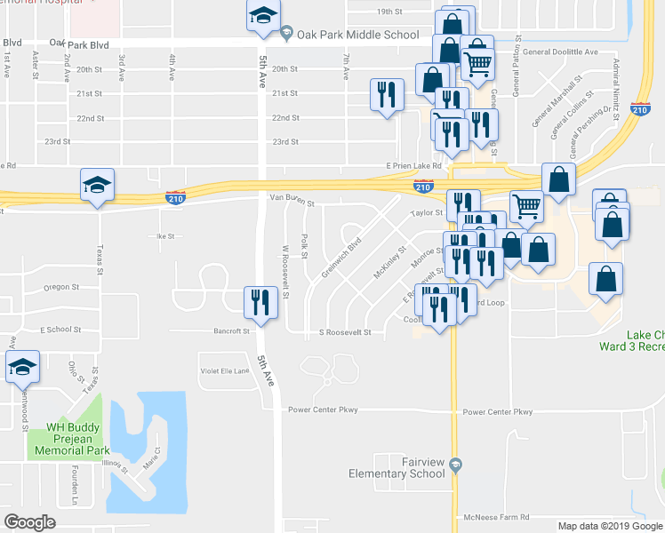 map of restaurants, bars, coffee shops, grocery stores, and more near Greinwich Boulevard in Lake Charles