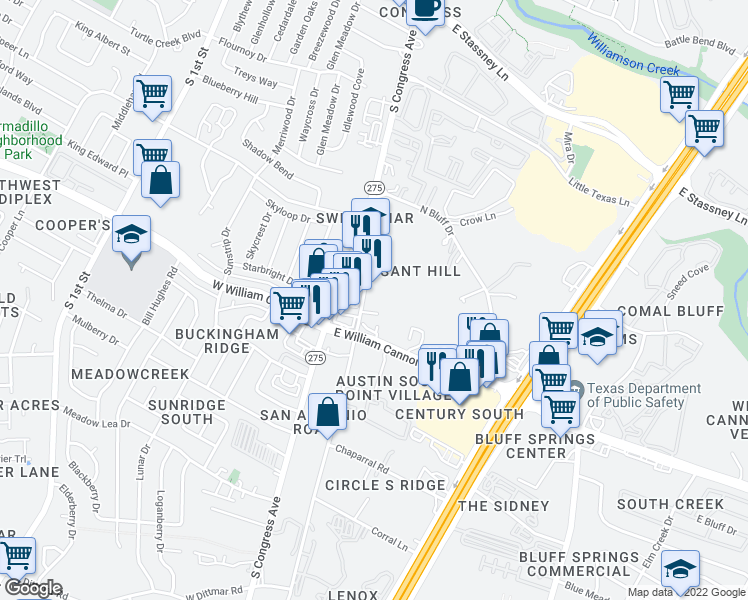 map of restaurants, bars, coffee shops, grocery stores, and more near 6513 Circle S Road in Austin