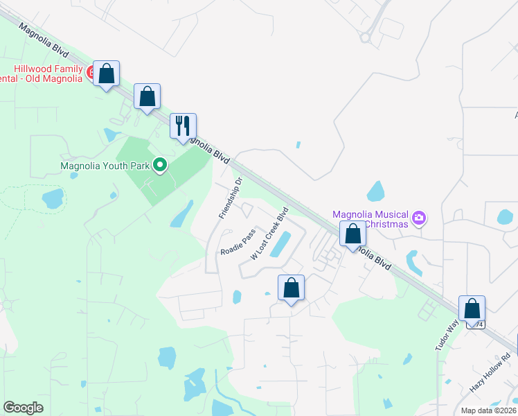 map of restaurants, bars, coffee shops, grocery stores, and more near 38330 Miranda Lane in Magnolia