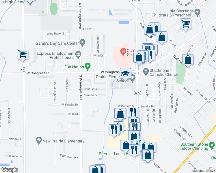 map of restaurants, bars, coffee shops, grocery stores, and more near 205 Grand Prairie Drive in Lafayette