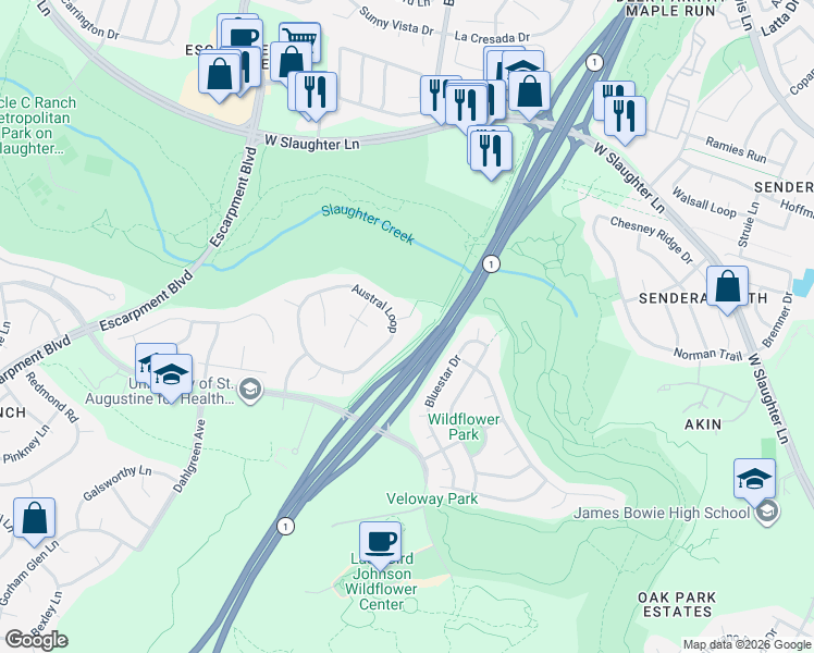map of restaurants, bars, coffee shops, grocery stores, and more near 5209 Corrientes Cove in Austin