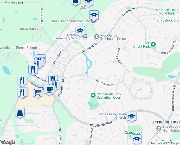 map of restaurants, bars, coffee shops, grocery stores, and more near 71 West Ambassador Bend in Spring