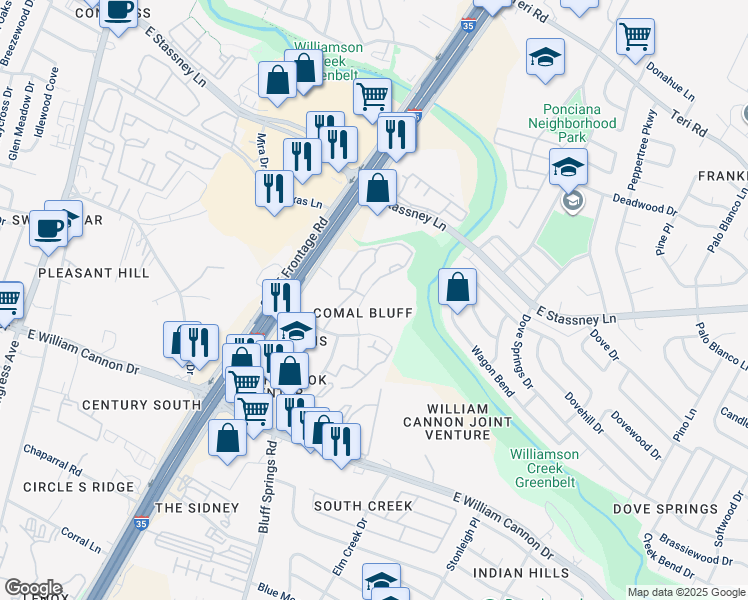 map of restaurants, bars, coffee shops, grocery stores, and more near 6201 Sneed Cove in Austin