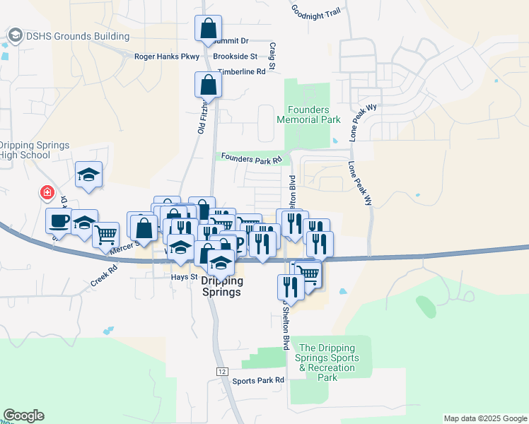 map of restaurants, bars, coffee shops, grocery stores, and more near 233 Spanish Star Trail in Dripping Springs