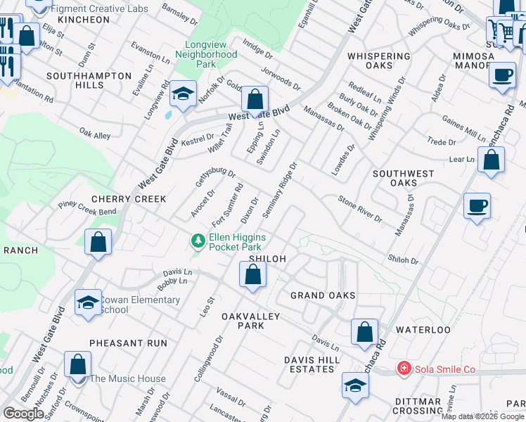map of restaurants, bars, coffee shops, grocery stores, and more near 8401 Seminary Ridge Drive in Austin
