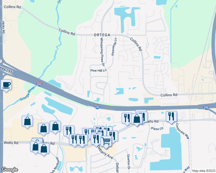 map of restaurants, bars, coffee shops, grocery stores, and more near 8710 Pinevalley Lane in Jacksonville
