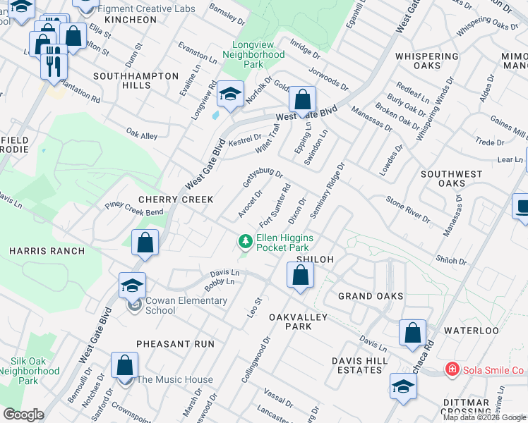 map of restaurants, bars, coffee shops, grocery stores, and more near 8309 Fort Sumter Road in Austin