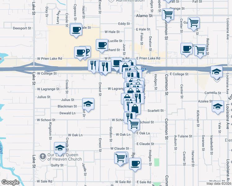 map of restaurants, bars, coffee shops, grocery stores, and more near 200 Brundrette Street in Lake Charles