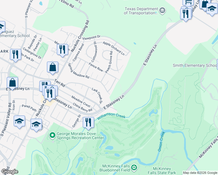 map of restaurants, bars, coffee shops, grocery stores, and more near 5810 Spring Meadow Road in Austin