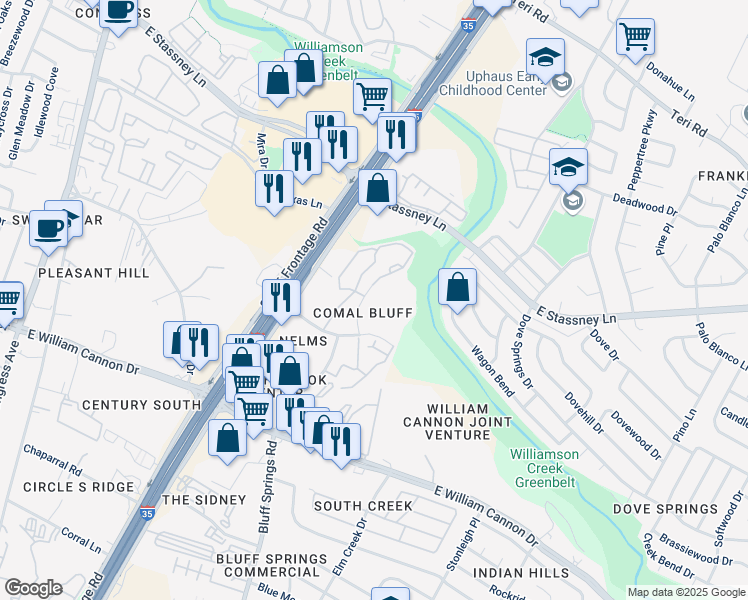 map of restaurants, bars, coffee shops, grocery stores, and more near 6201 Sneed Cove in Austin