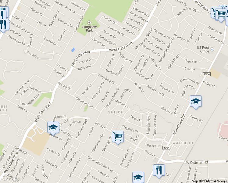map of restaurants, bars, coffee shops, grocery stores, and more near 8401 Seminary Ridge Drive in Austin