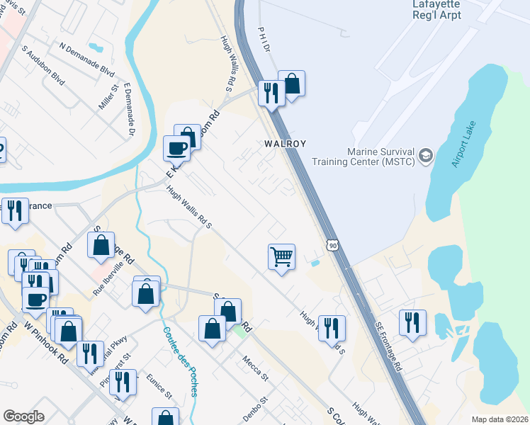 map of restaurants, bars, coffee shops, grocery stores, and more near 118 New Center Drive in Lafayette