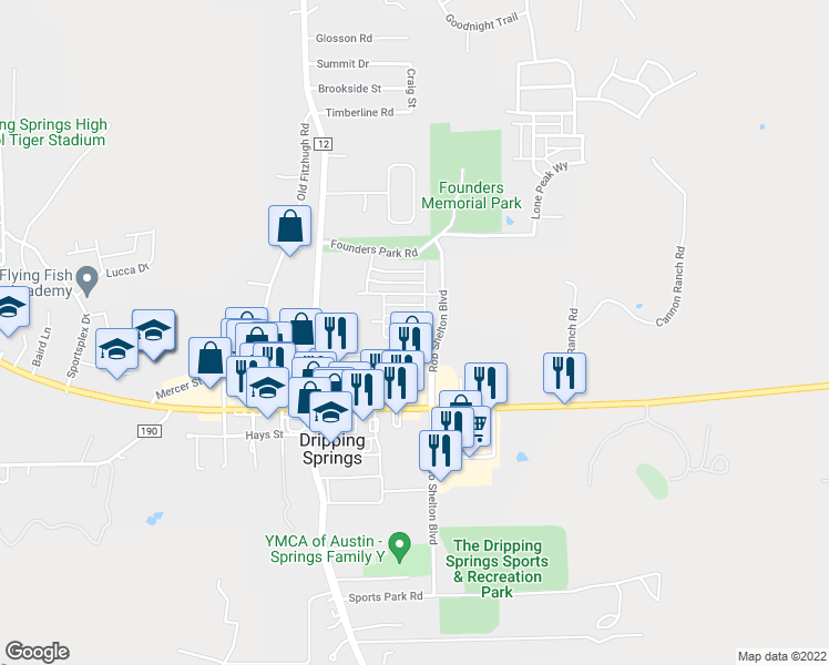 map of restaurants, bars, coffee shops, grocery stores, and more near 273 Spanish Star Trail in Dripping Springs