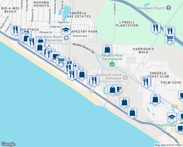 map of restaurants, bars, coffee shops, grocery stores, and more near 524 Larissa Lane in Panama City Beach