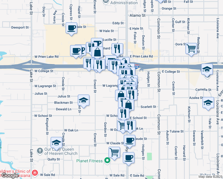 map of restaurants, bars, coffee shops, grocery stores, and more near 201 West Lagrange Street in Lake Charles
