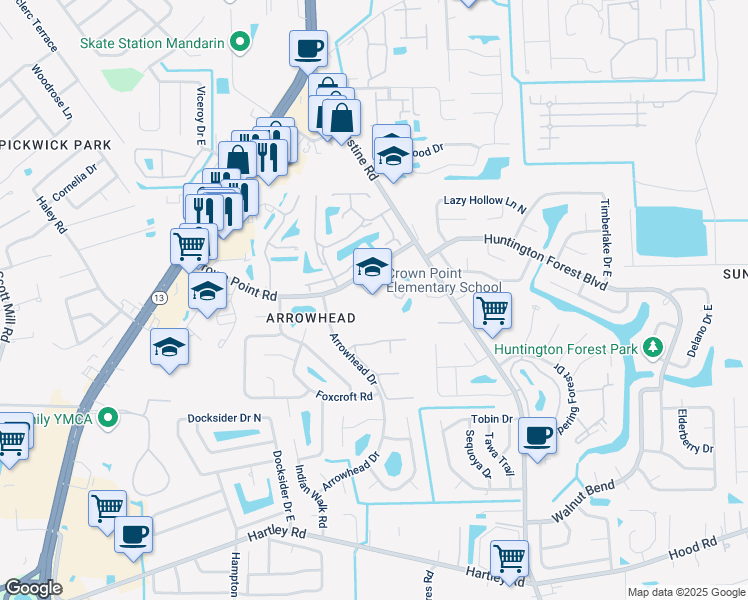 map of restaurants, bars, coffee shops, grocery stores, and more near 3800 Crown Point Road in Jacksonville