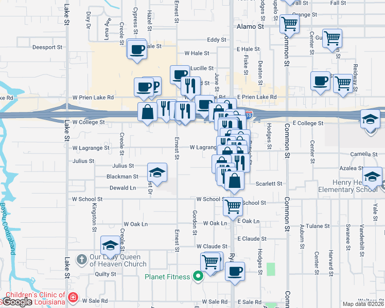 map of restaurants, bars, coffee shops, grocery stores, and more near 216 Brundrette Street in Lake Charles