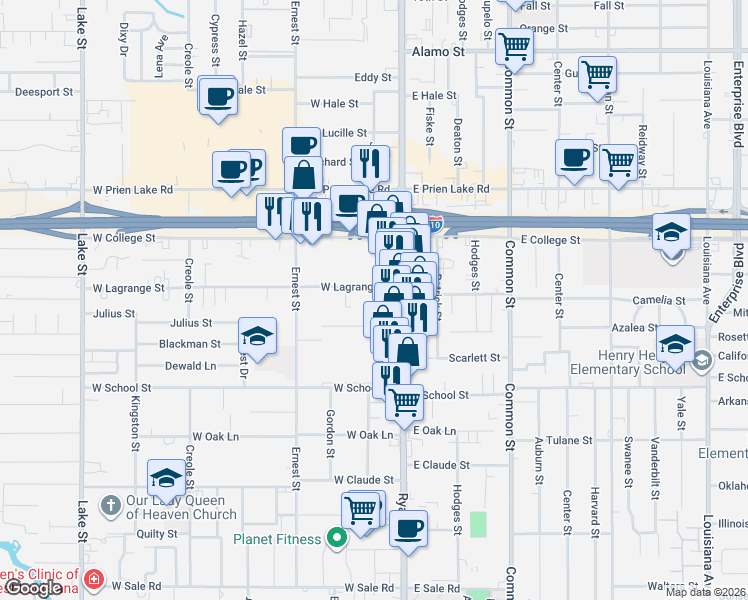 map of restaurants, bars, coffee shops, grocery stores, and more near 200 Brundrette Street in Lake Charles