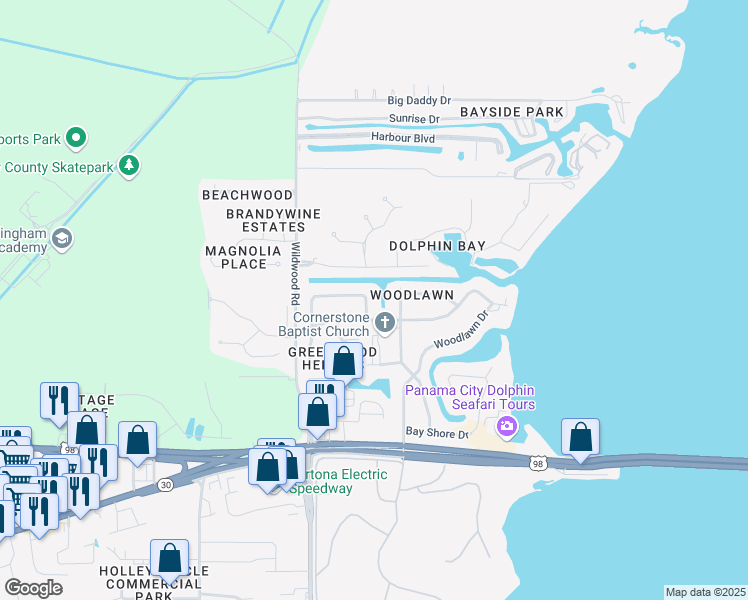 map of restaurants, bars, coffee shops, grocery stores, and more near 308 Greenwood Circle in Panama City Beach