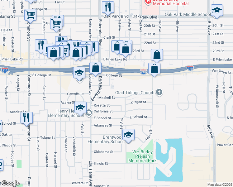 map of restaurants, bars, coffee shops, grocery stores, and more near 1300 Mitchell Street in Lake Charles