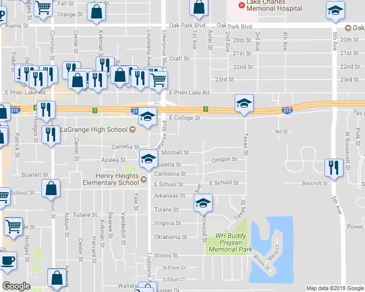 map of restaurants, bars, coffee shops, grocery stores, and more near 1301 Mitchell Street in Lake Charles
